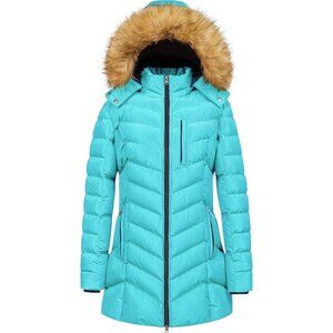Women's Blue Winter Warm Long Hooded Puffer Jacket Coat Fabric Waterproof